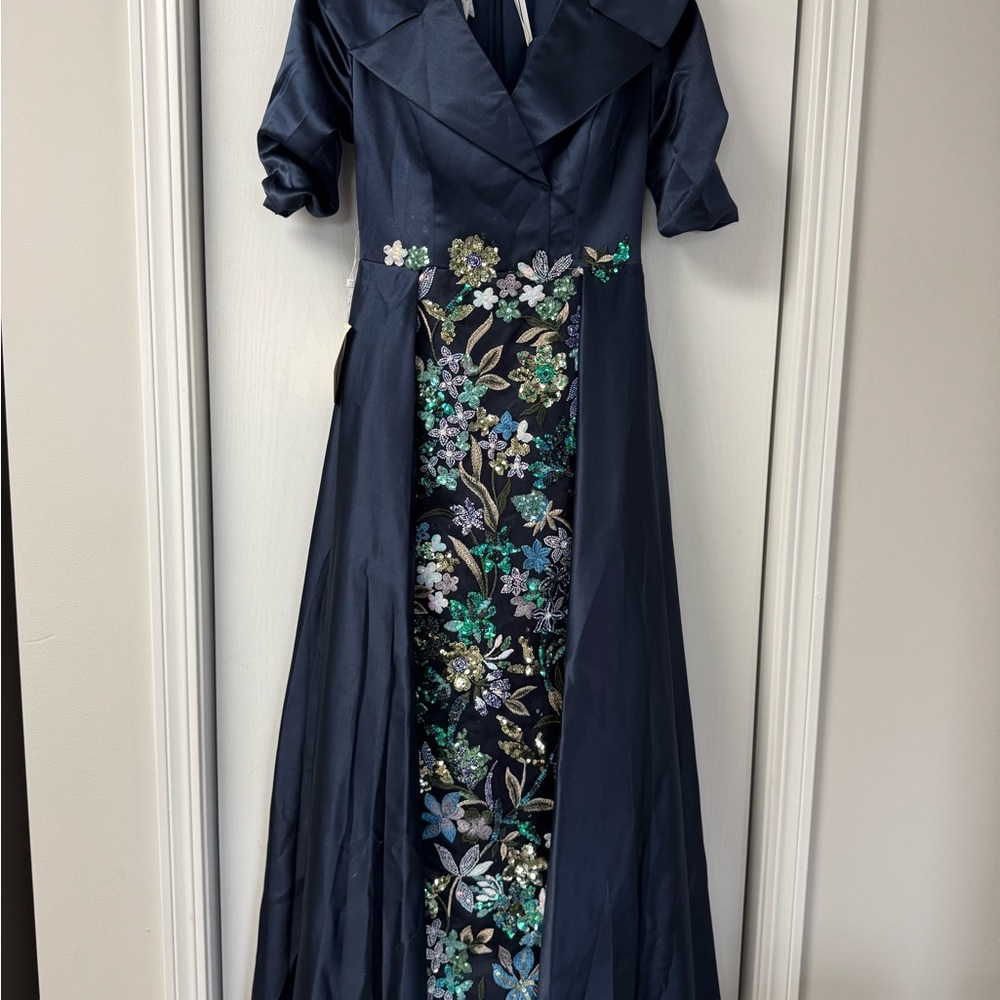 Navy ball gown with sequin-designed inner skirt